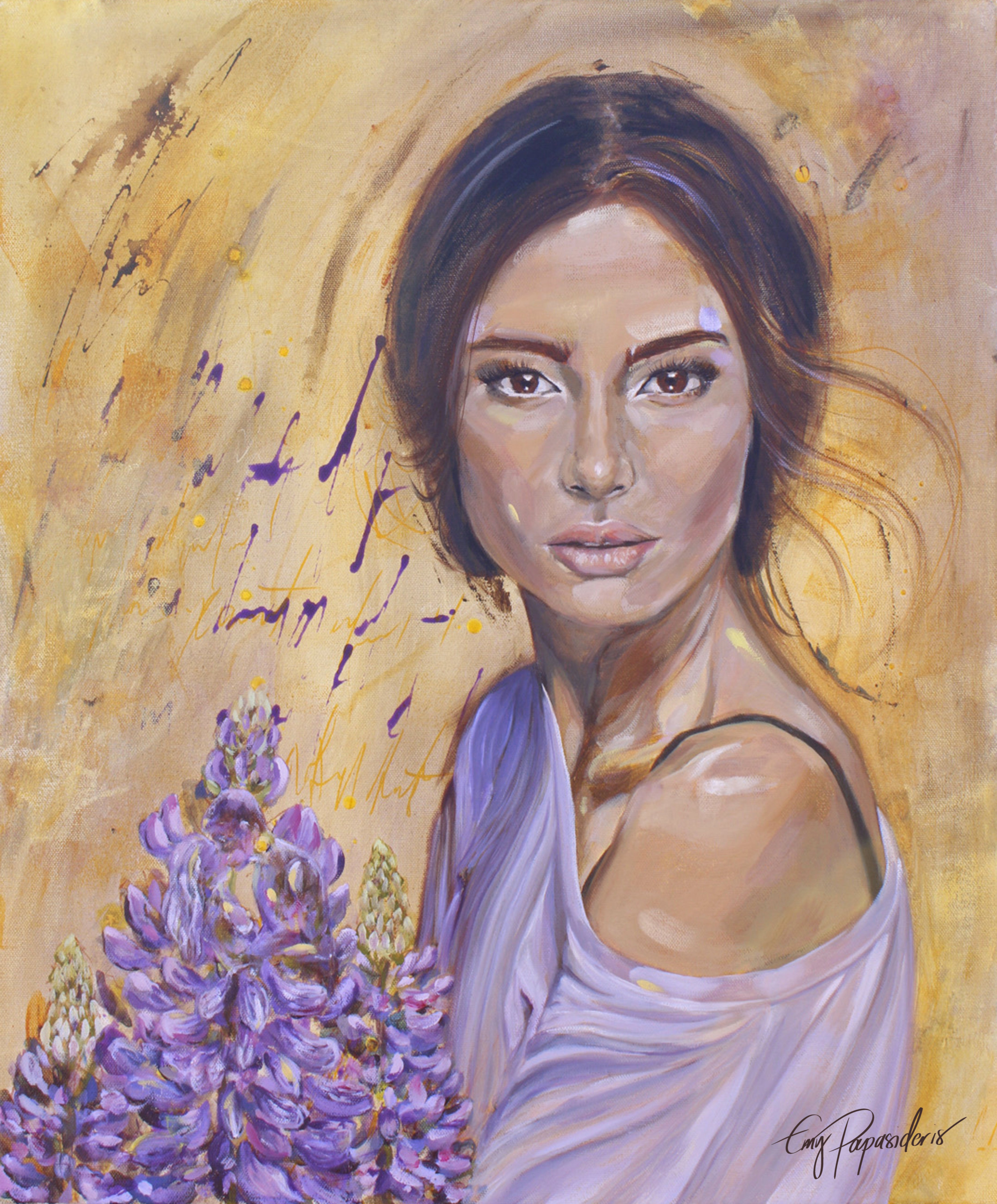 Original mixed media oil painting of woman and lovers in flowers by artist Emy Papasideris.